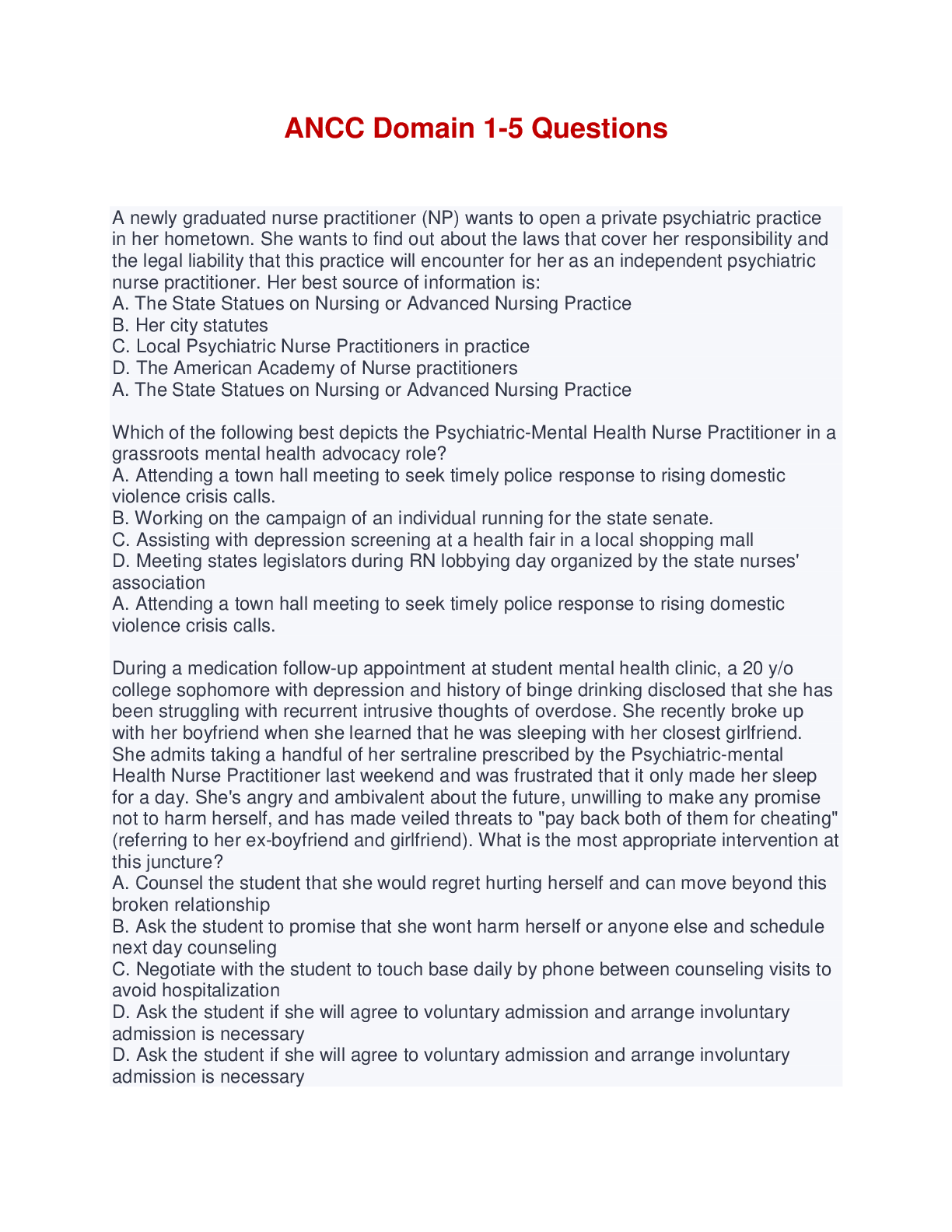 Preview of ANCC Domain 1-5 Question Bank 2022
